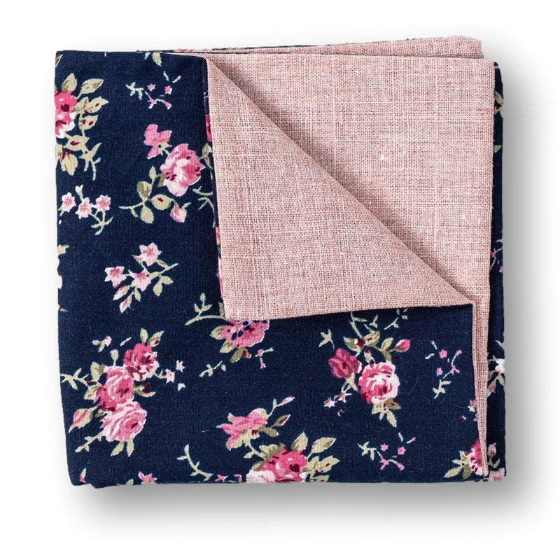 PINKY-Dark Blue Cotton Pocket Square, Pink Floral Pocket Square