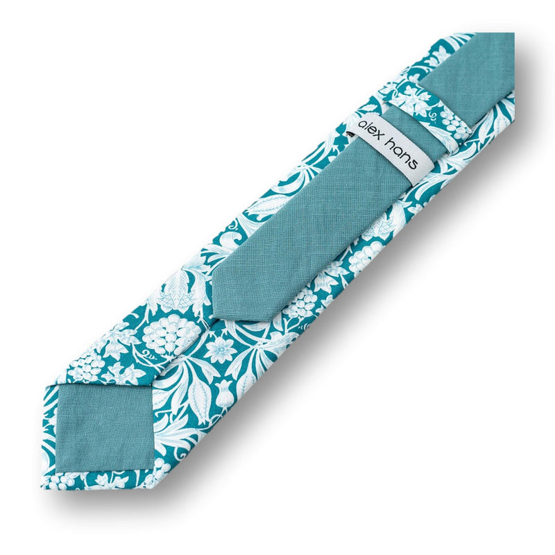HARPER-Turquoise Green Skinny Necktie, Floral Cotton Necktie For Men