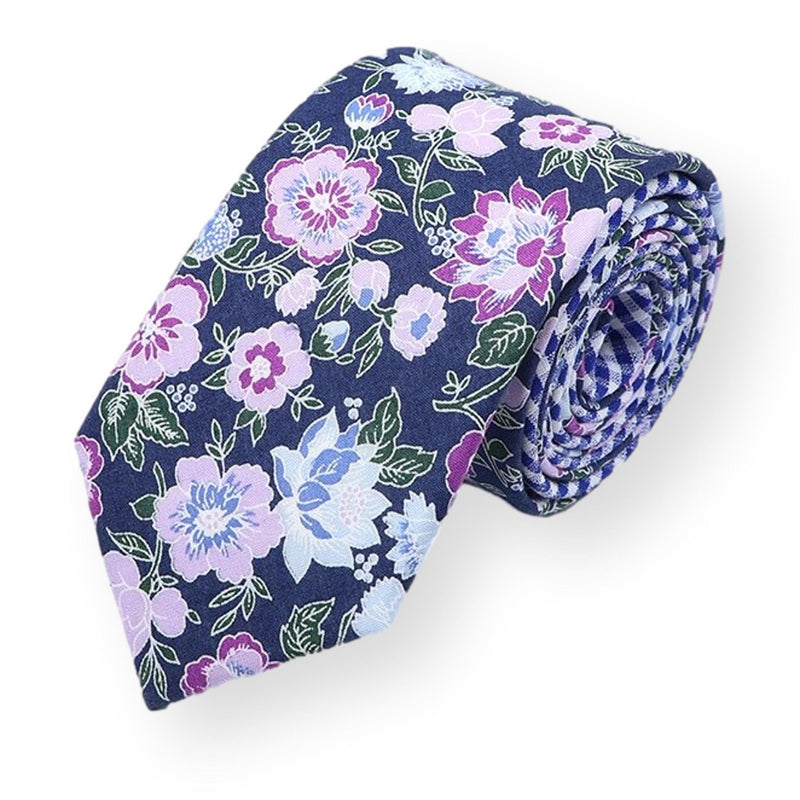 PHILIP-Blue Gingham Floral Necktie, Wedding Grooms Necktie