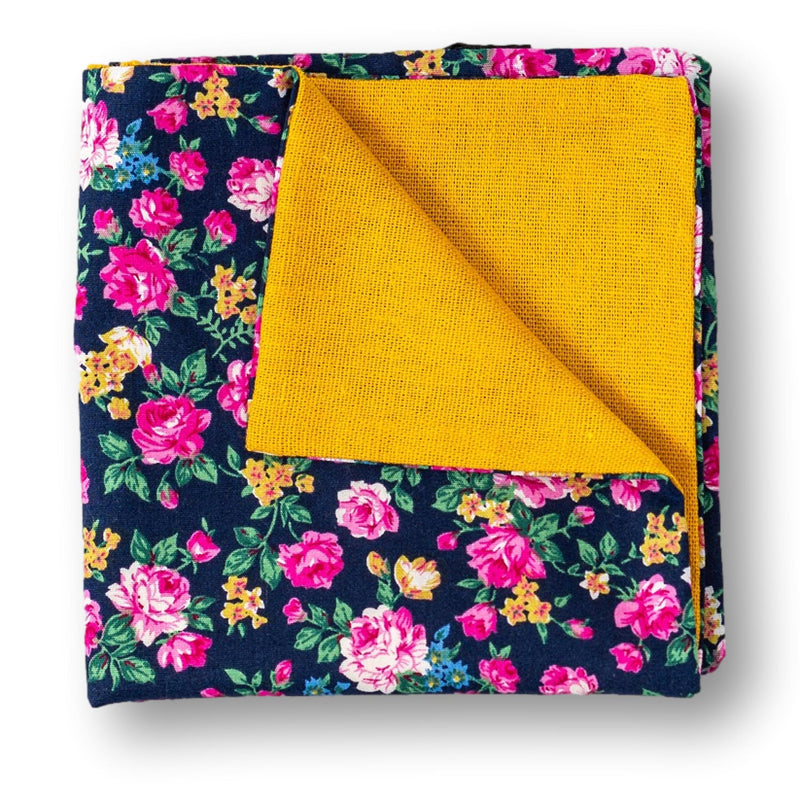 MUSTARD-Pink Floral Blue Pocket Square, Best Pocket Squares For Men's
