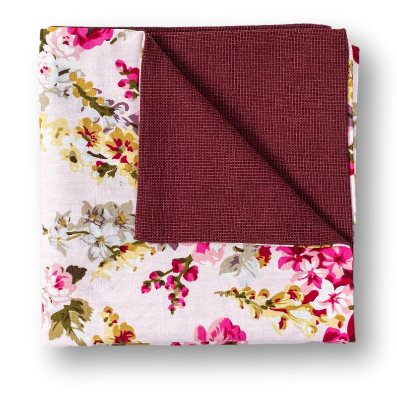 BURGES-Pink Floral Pocket Square, White Cotton Luxury Pocket Square
