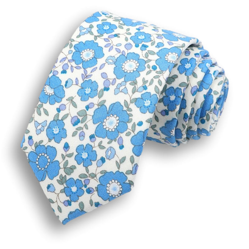 JOE-Blue Daisy Flower Tie for Men, Blue Floral Necktie for Wedding