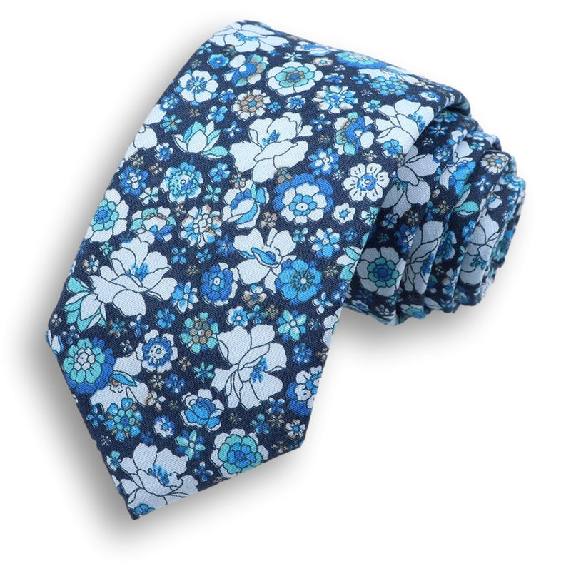 STEVE-Blue and White Floral Blooms Necktie for Men, Skinny Tie for Wedding