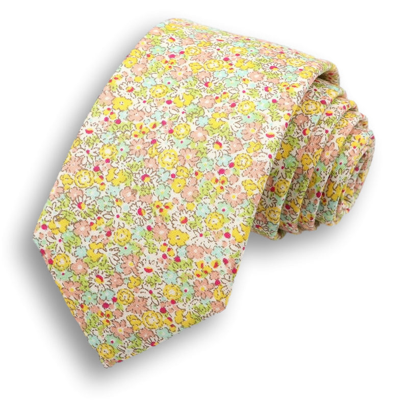 EZRA-Floral TiYellow e, Casual Cotton Necktie, Mens Accessories