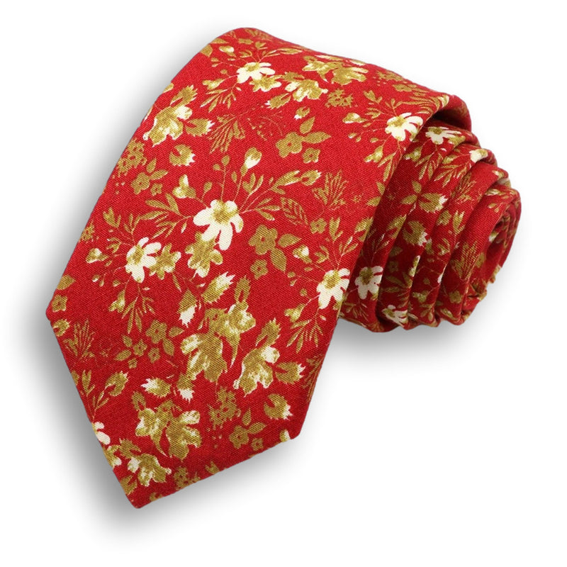 ELODIE-Red And Gold Floral Necktie, Handmade Casual Mens Red Necktie