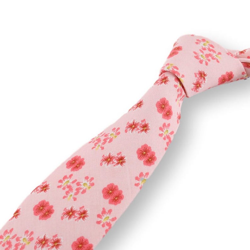 Pink Floral Necktie, Cotton Skinny Necktie Mens Fashion