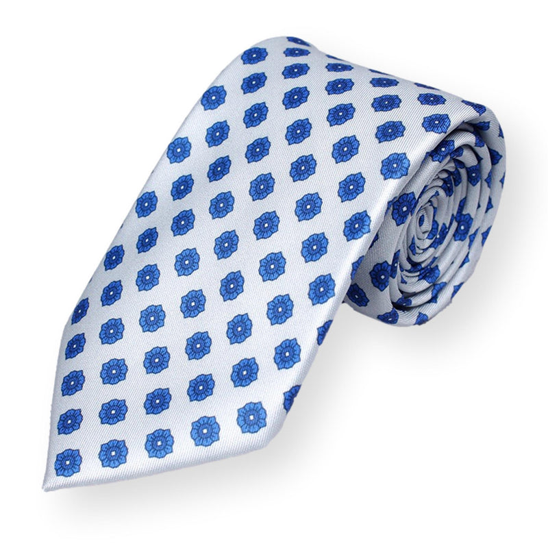 RIVER-Blue and White Floral Motif Necktie, Mens Fashion Silk Necktie